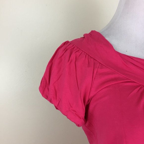 BCBGMAXAZRIA Dark Pink Twisted Round Collar Short Sleeve Banded Hem Shirt - Picture 4 of 8